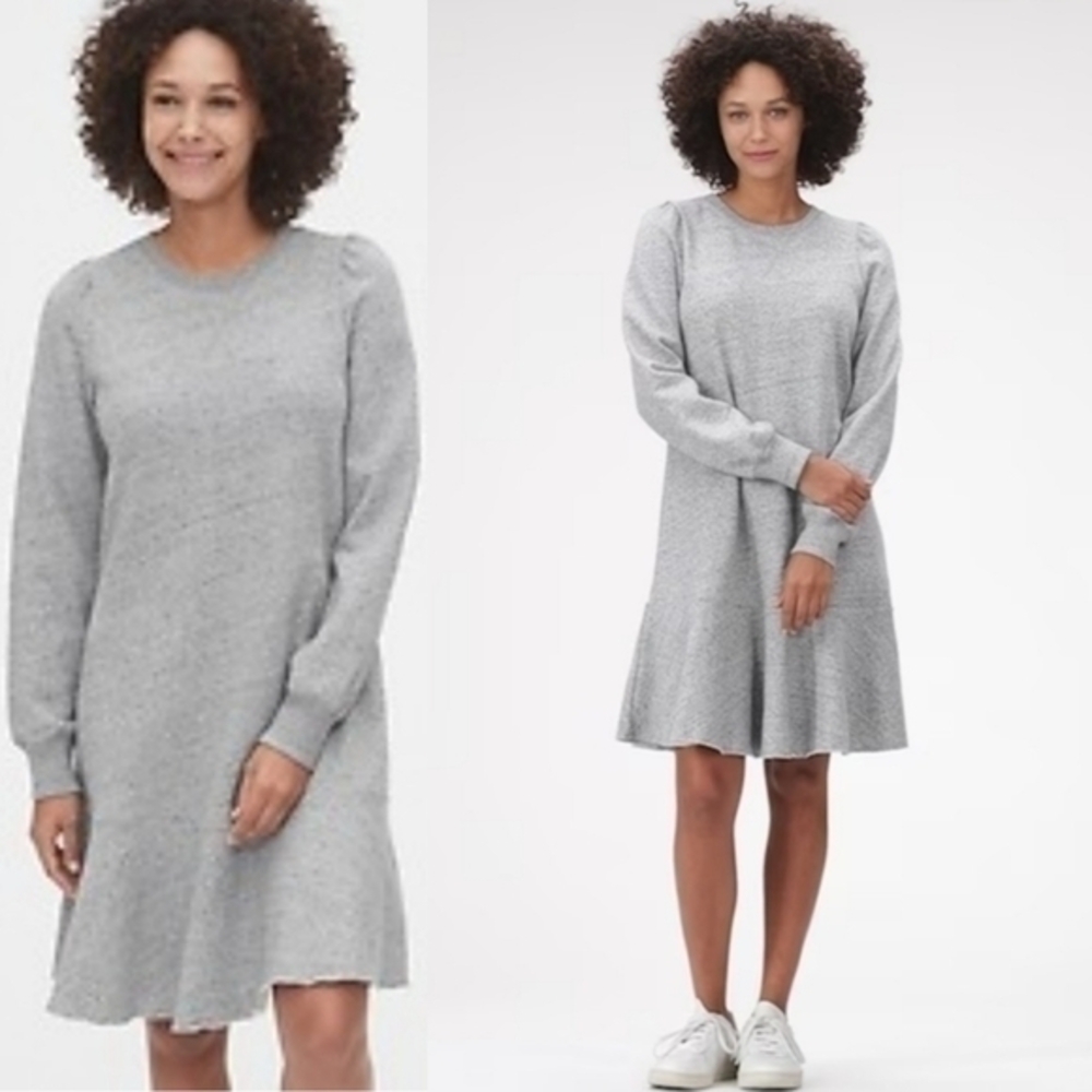 GAP NWT Women's‎ Gray Flounce Sweatshirt Dress Comfy Cozy Fleece Long Sleeves